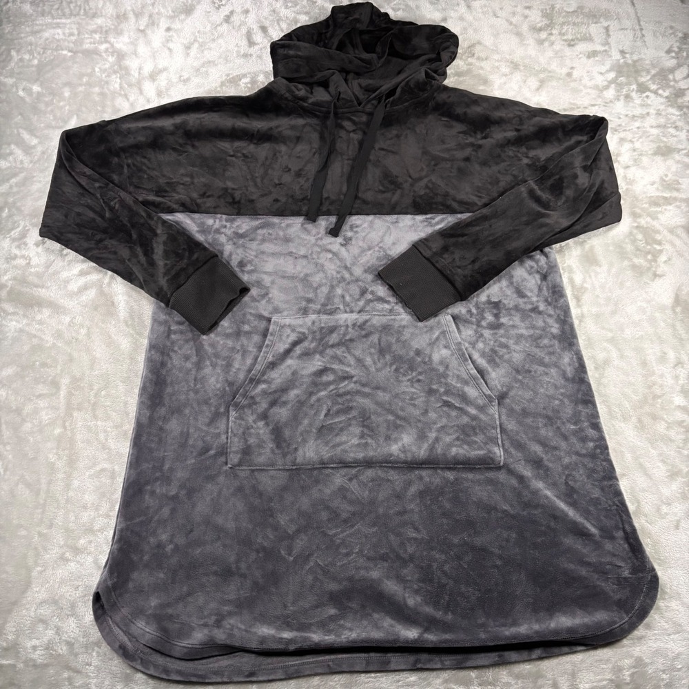 DKNY Sport Women Black Grey Velour Colorblock Hoodie Dress Logo Y92322430 Small